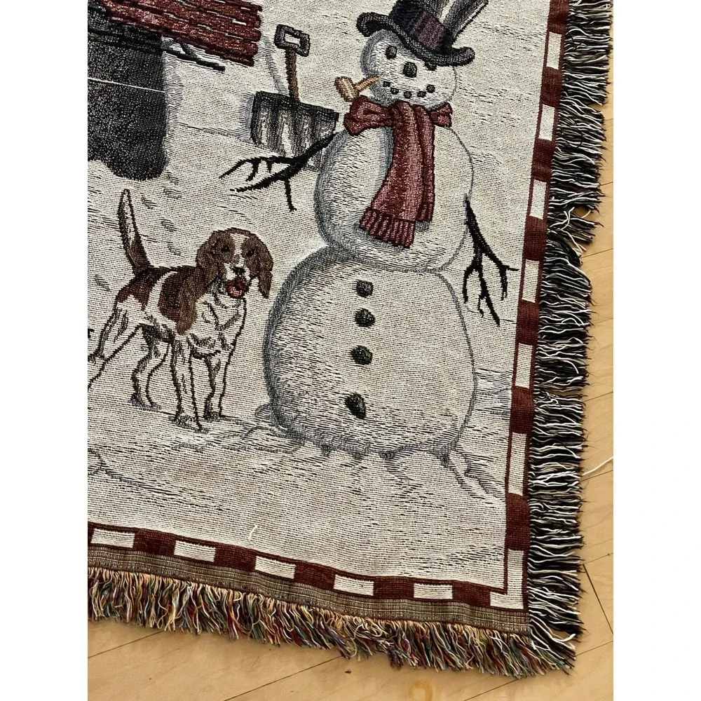 Vintage Winter Christmas Tapestry Blanket Throw Snow Victorian House Snowman Kid